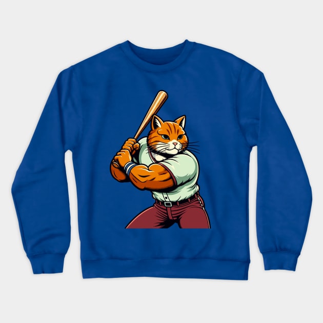 Vintage cat batsman - Retro 1990s Cartoon Style Baseball cat Crewneck Sweatshirt by TimeWarpWildlife